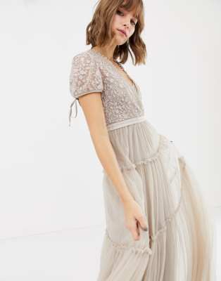 needle & thread embroidered tulle midi dress with cami straps in vintage rose