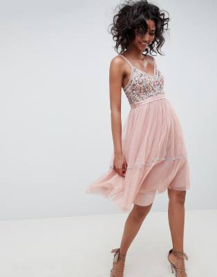 needle & thread embroidered tulle midi dress with cami straps in vintage rose