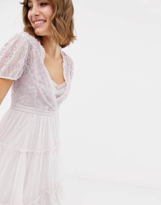 needle & thread embroidered tulle midi dress with cap sleeve in lavender