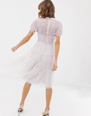 needle & thread embroidered tulle midi dress with cap sleeve in lavender