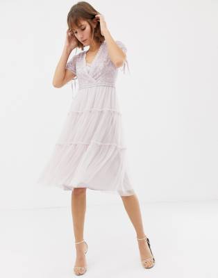 needle & thread embroidered tulle midi dress with cap sleeve in lavender