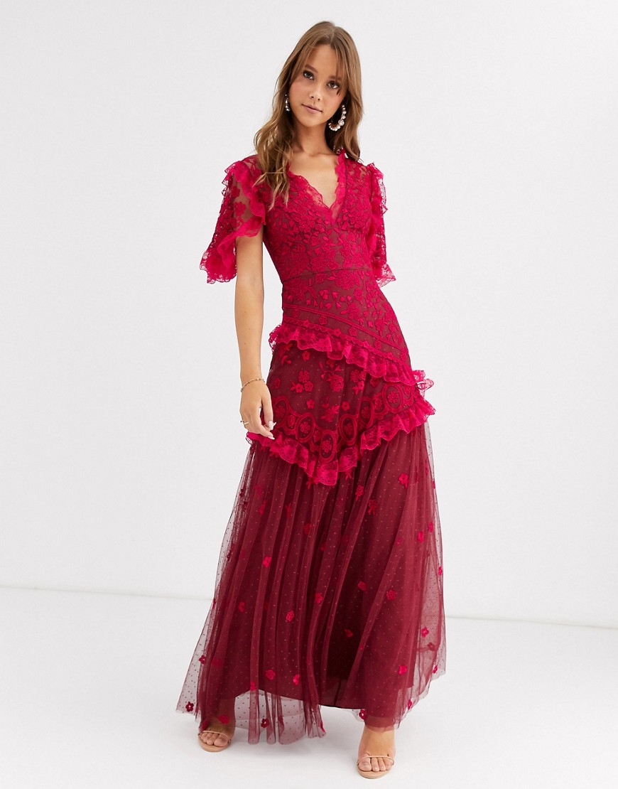 Needle & Thread embroidered v-neck gown with sheer detail in red