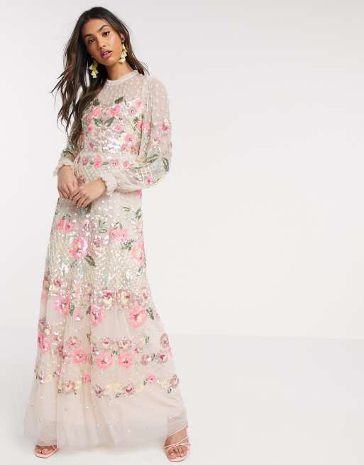 Needle & Thread floral embellished maxi dress in blush