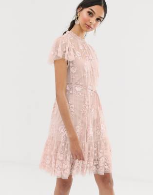 needle & thread tiered floral maxi dress with contrast waistband in rose quartz