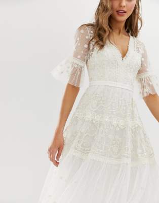 needle & thread embroidered lace tiered maxi dress in ivory