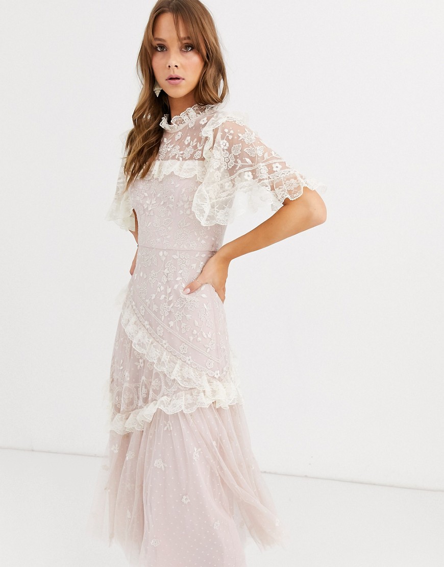 Needle & Thread high neck embroidered lace midi dress in blush-Pink