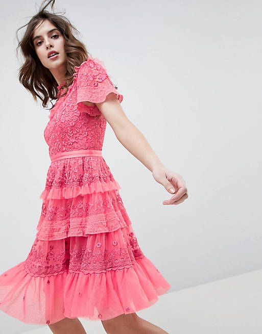 Needle & Thread high neck layered mini dress with ruffle sleeves in hot pink