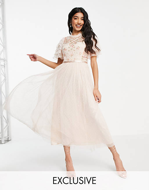 Needle & Thread Isadora ballerina midaxi dress with lace embroidery in cream