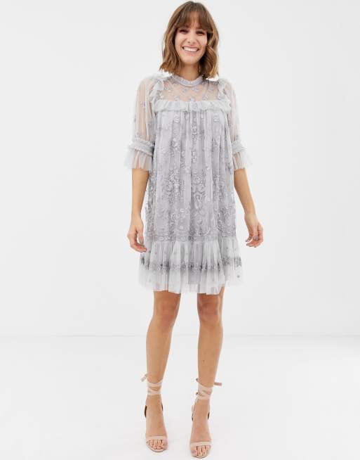 Needle Thread lace high neck mini dress in dusk blue ASOS