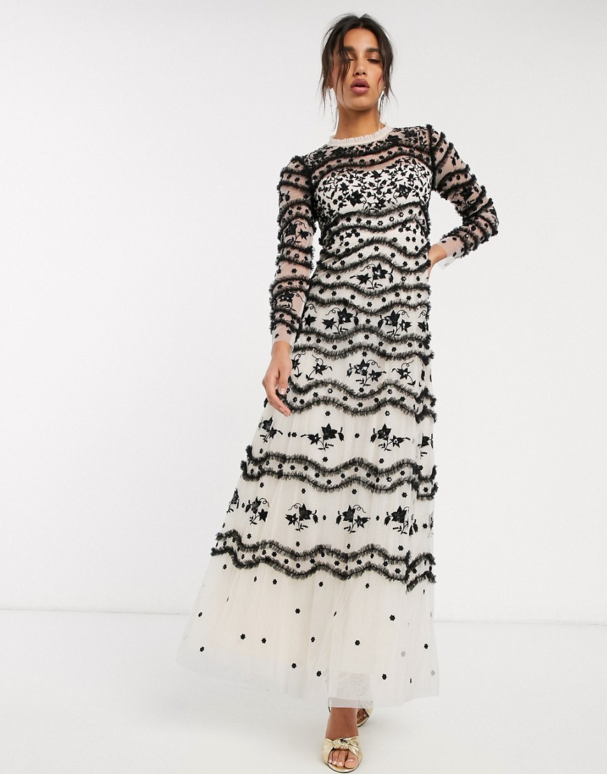 Needle & Thread - Lange jurk met contrasterend borduursel in zwarte en crème bloemenprint-Multi