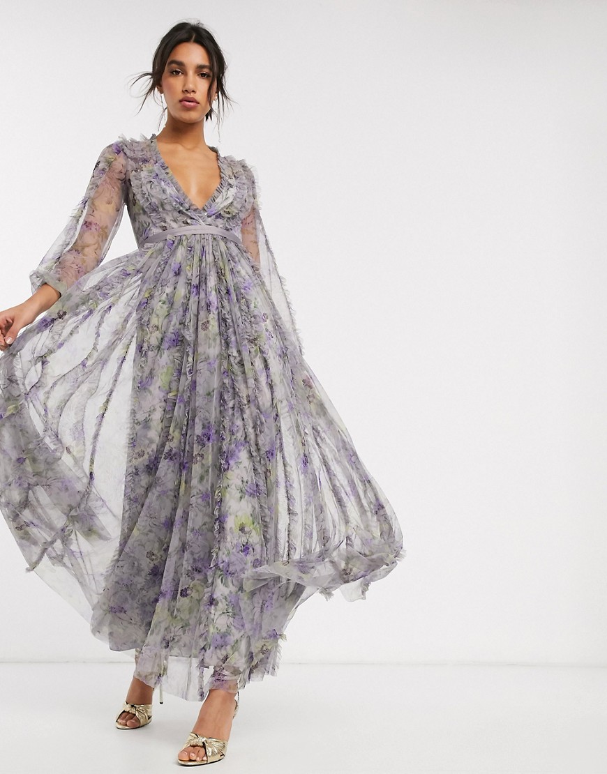 Needle & Thread - Lange jurk met contrasterende tailleband in paars met bloemenprint-Multi