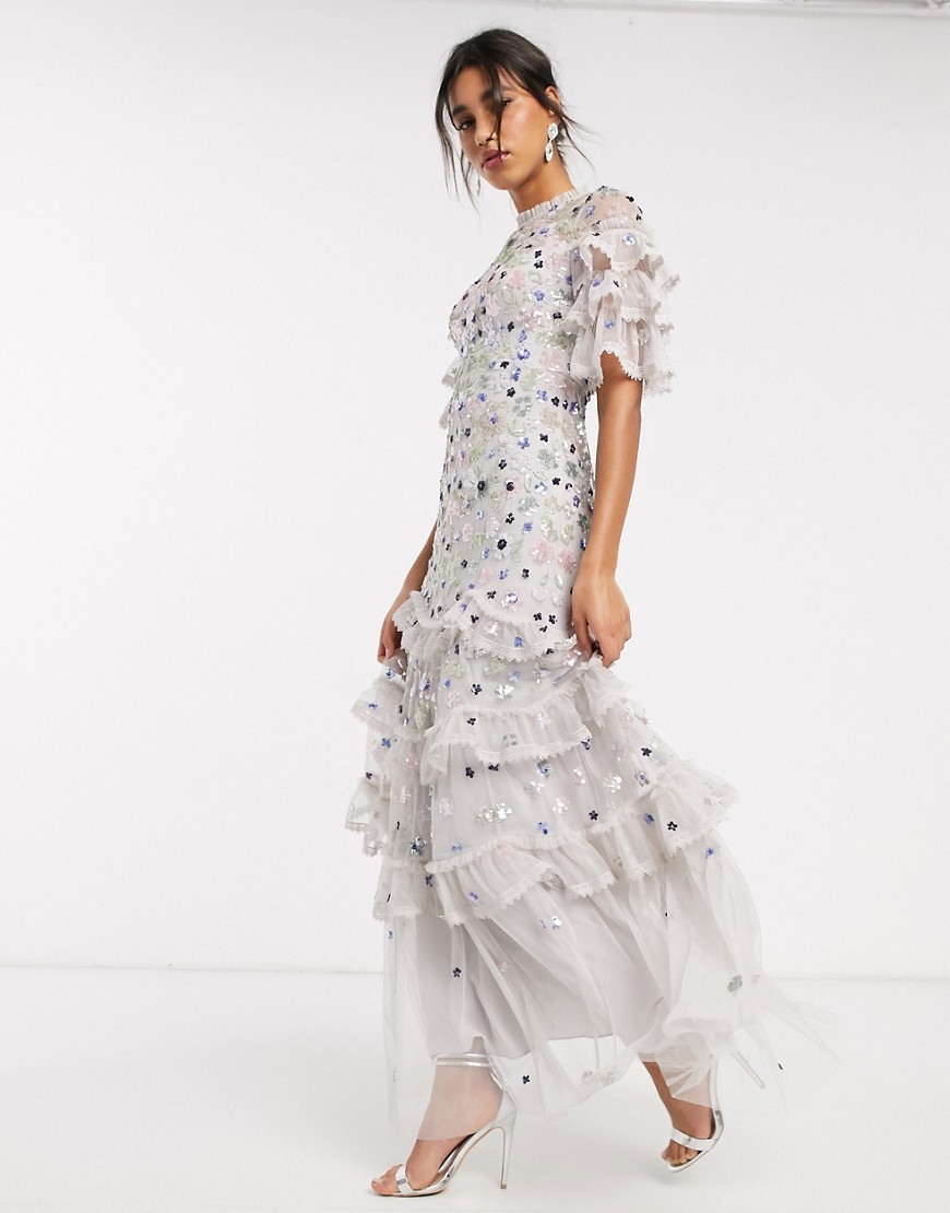 Needle & Thread - Lange jurk met versiering en laagjes in lila en grijs