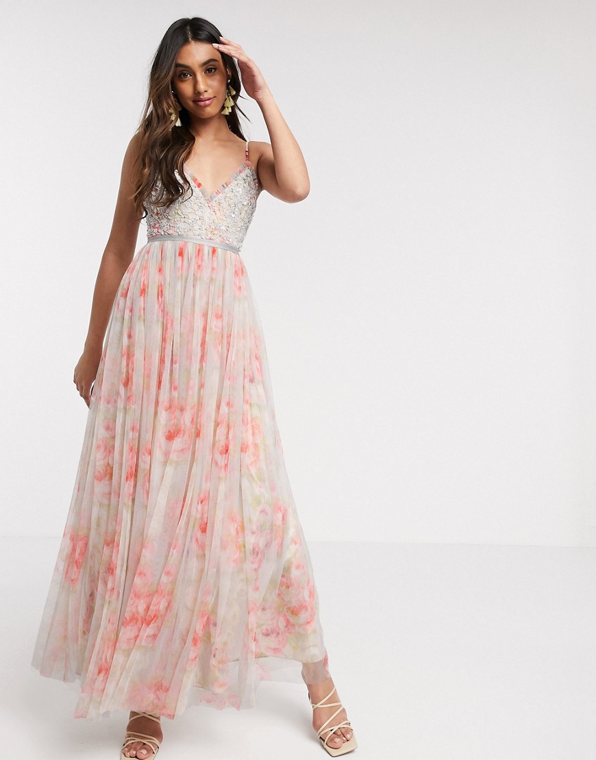 Needle & Thread - Lange versierde cami-jurk met bloemenprint-Multi