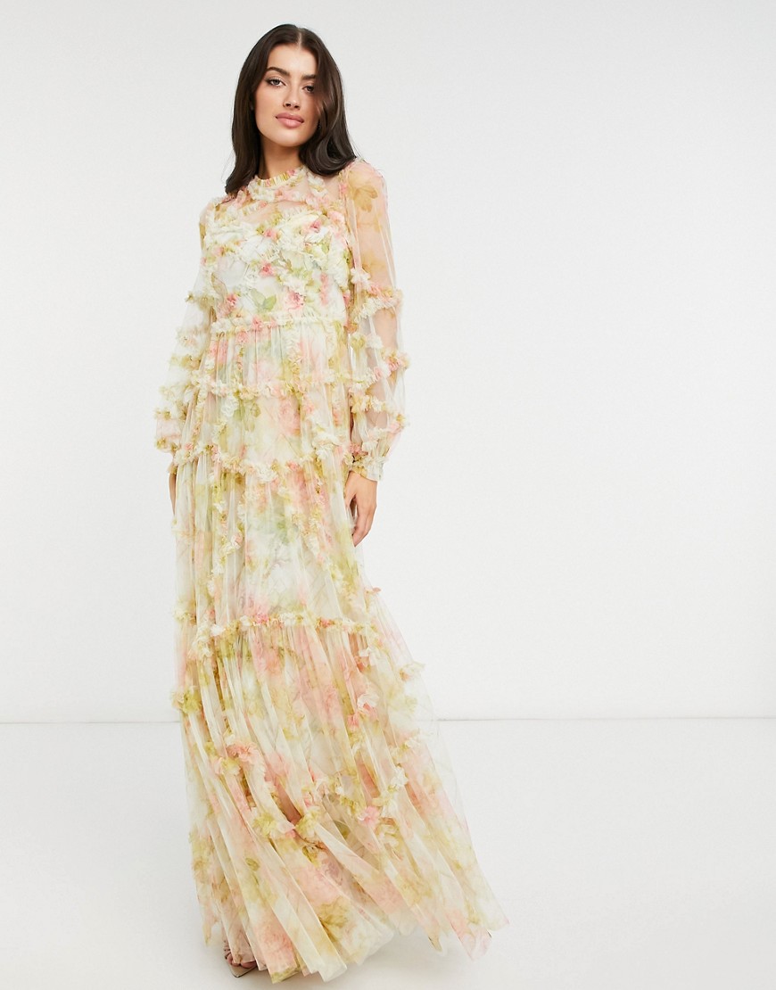 Needle & Thread Long Sleeve 3d Printed Maxi Dress In Mixed Floral-multi
