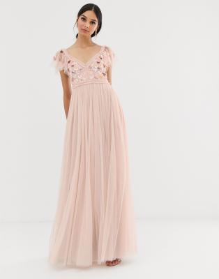 needle & thread tiered floral maxi dress with contrast waistband in rose quartz