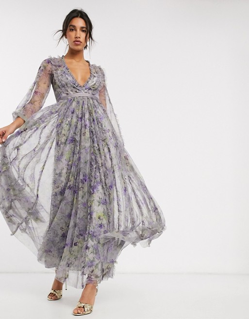 Needle & Thread maxi dress with contrast waistband in purple floral print