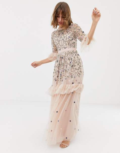 Needle & Thread - Robe longue brodÃ©e en tulle - Rose
