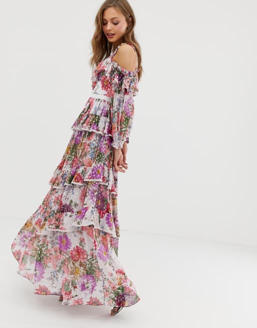 Needle Thread ruffle cold shoulder maxi dress in allover floral print