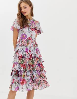 needle & thread ruffle midi dress in allover floral print