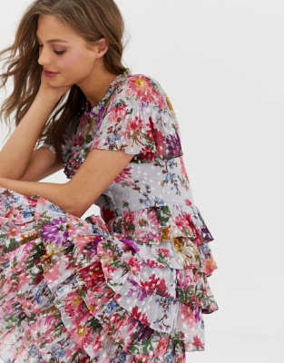 needle & thread ruffle midi dress in allover floral print