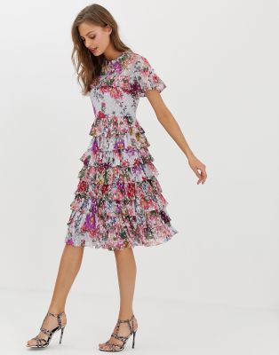 needle & thread ruffle midi dress in allover floral print