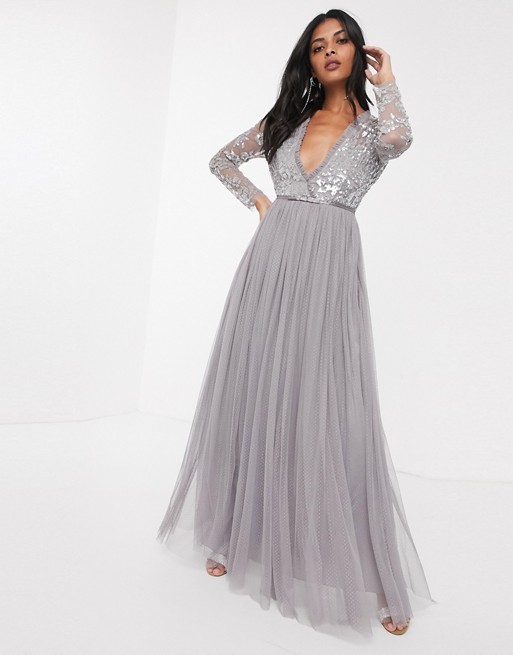 Needle & Thread sequin bodice maxi dress in grey