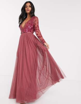 Needle & Thread sequin bodice maxi dress in raspberry-Red