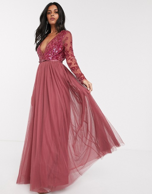 Needle & Thread sequin bodice maxi dress in raspberry
