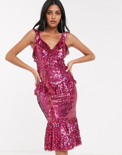 Needle & Thread sequin midi dress with frill detail in raspberry