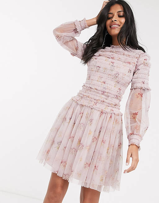 Needle & Thread sequin mini dress with sheer sleeves in dusty mauve