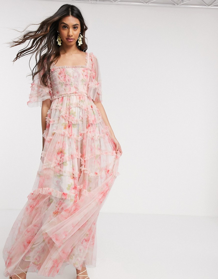 Needle & Thread smocked maxi dress in spring rose print-Multi