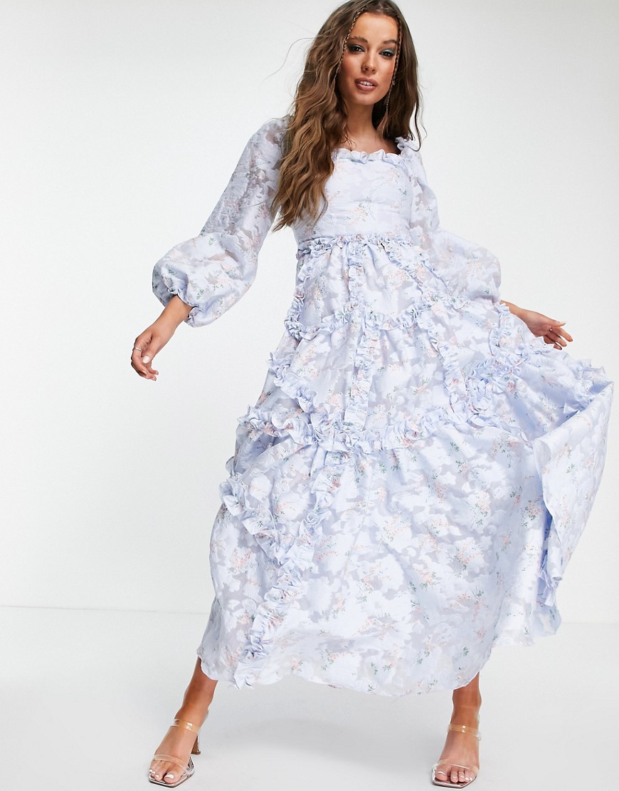 Needle & Thread Summer Blossom milk maid maxi dress with ruffles in blue floral-Multi