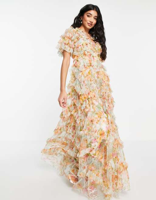 Needle Thread Sunset Garden maxi ruffle dress in multi floral