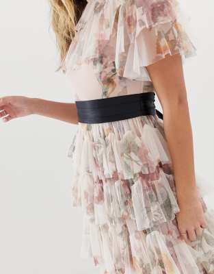 needle & thread tiered floral maxi dress with contrast waistband in rose quartz