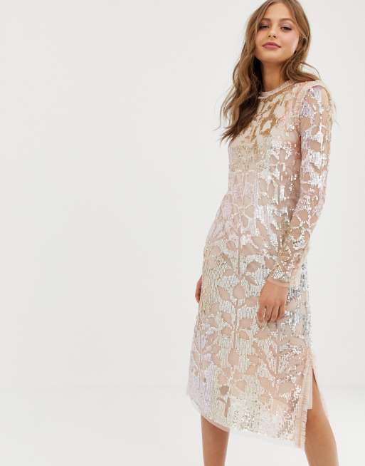 Needle & thread embellished long sleeve midi dress with tulle skirt in hot sale rose quartz