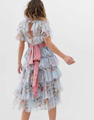 needle & thread tulle tiered floral midi dress with waistband in dusk blue