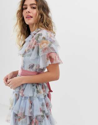 needle & thread tulle tiered floral midi dress with waistband in dusk blue