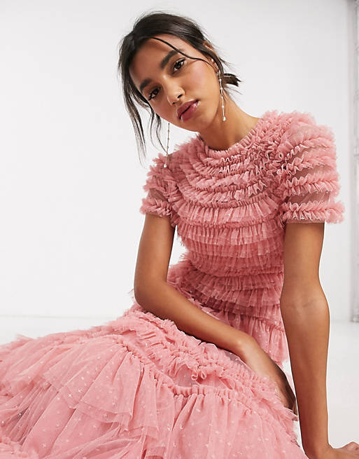 Needle & Thread - Vestito lungo a balze in tulle rosa