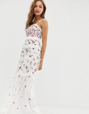 needle & thread embroidered midi dress with flutter sleeve in ivory