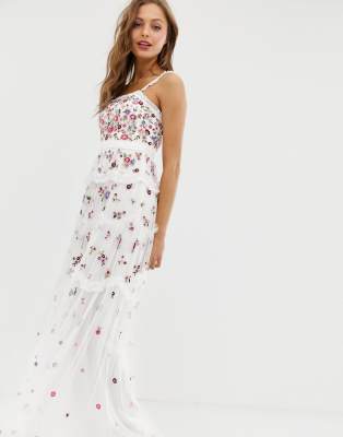 needle & thread embroidered midi dress with flutter sleeve in ivory