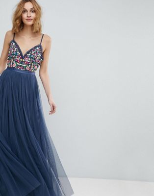 needle & thread embroidered bodice cami strap maxi dress in vintage navy