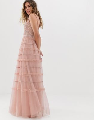 needle & thread embroidered tulle midi dress with cami straps in vintage rose