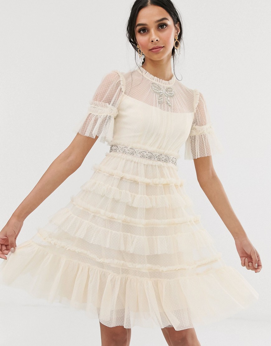 Needle & Thread - Vestito midi da sposa crema con fiocco decorativo