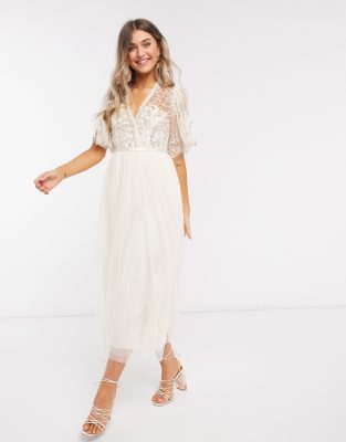 embellished wrap midi dress