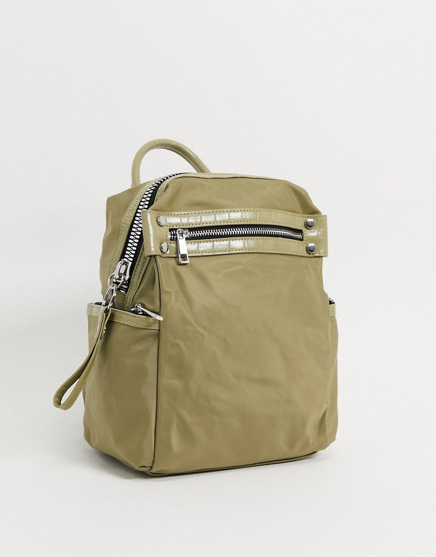 Нейлоновый рюкзак цвета хаки с крупной молнией и вставками под крокодиловую кожу ASOS DESIGN-Зеленый