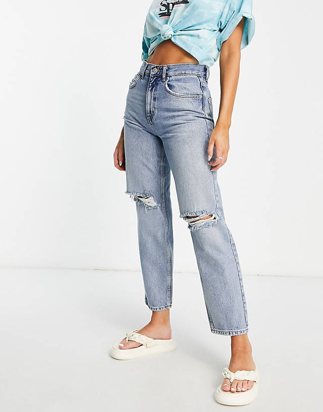 ONLY - Neon & Nylon butterfly back print straight leg jeans in blue wash