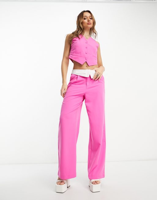 Bright Pink Woven High Waisted Tailored Wide Leg Trousers