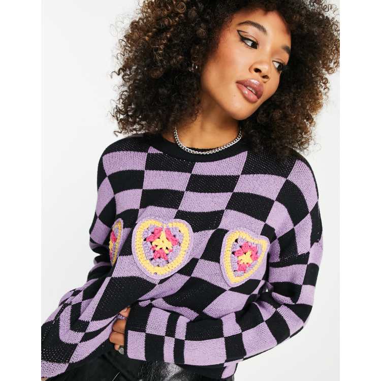 Neon Nylon crochet heart detail jumper in purple black checkerboard ASOS