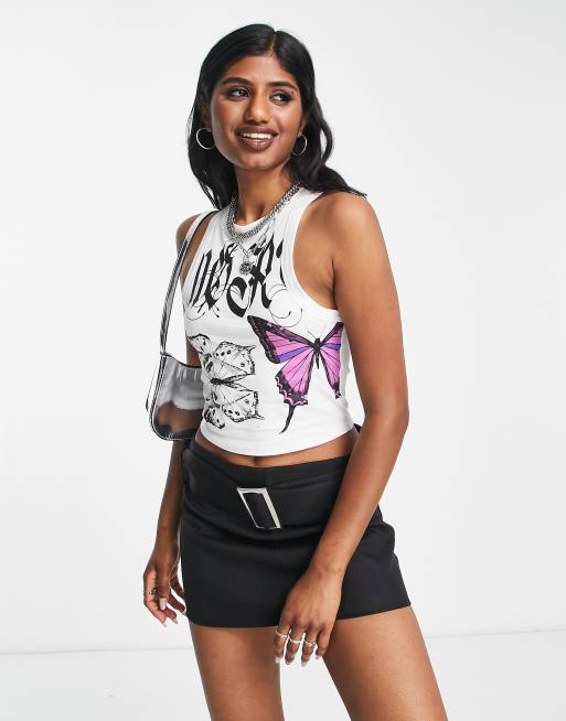 Neon & Nylon cropped tank top with butterfly print in white