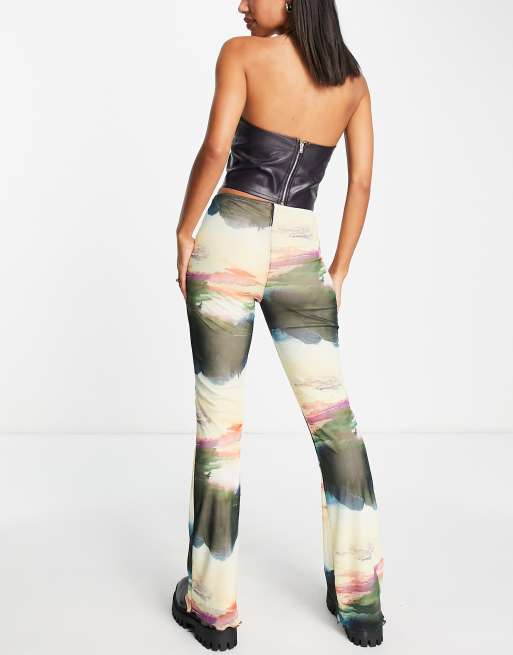 Neon & Nylon frill hem mesh flared pants in abstract print , 2 of 4